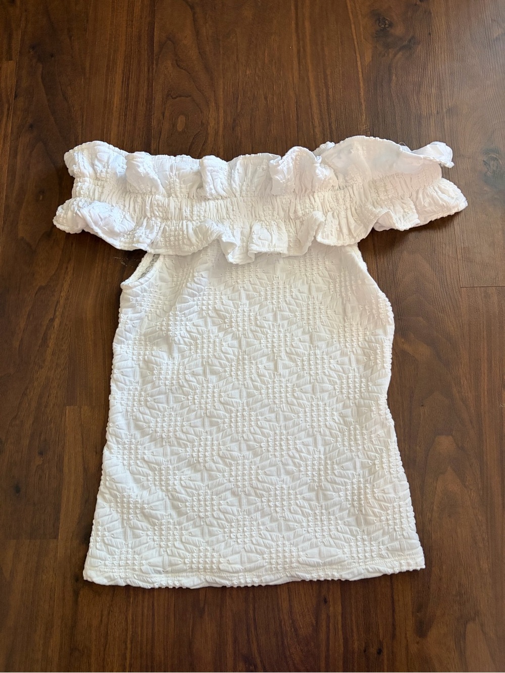Maeve White Off-Shoulder Ruffle Textured Tank